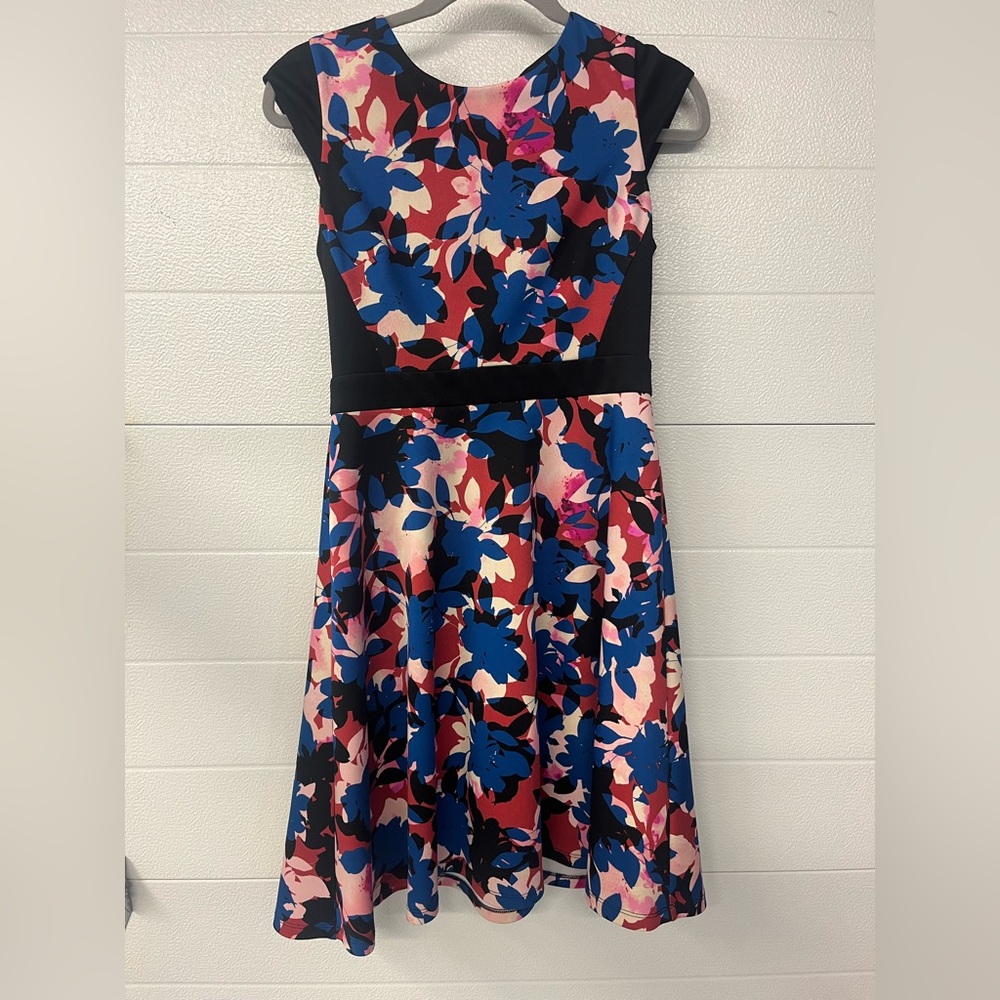 Wisp Petite Womens Black Multicolor Floral Print Cap Sleeve A-line Midi Dress